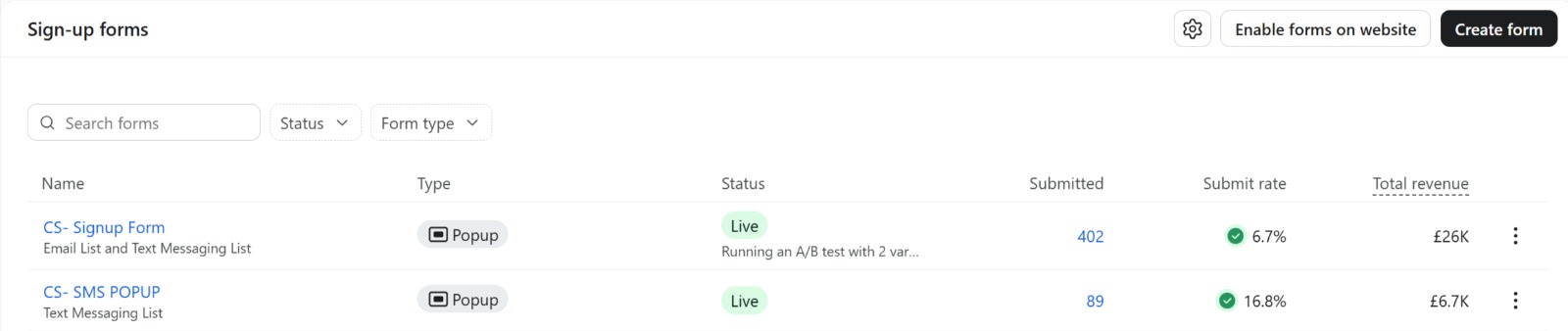 Sign-up forms and SMS popup performance